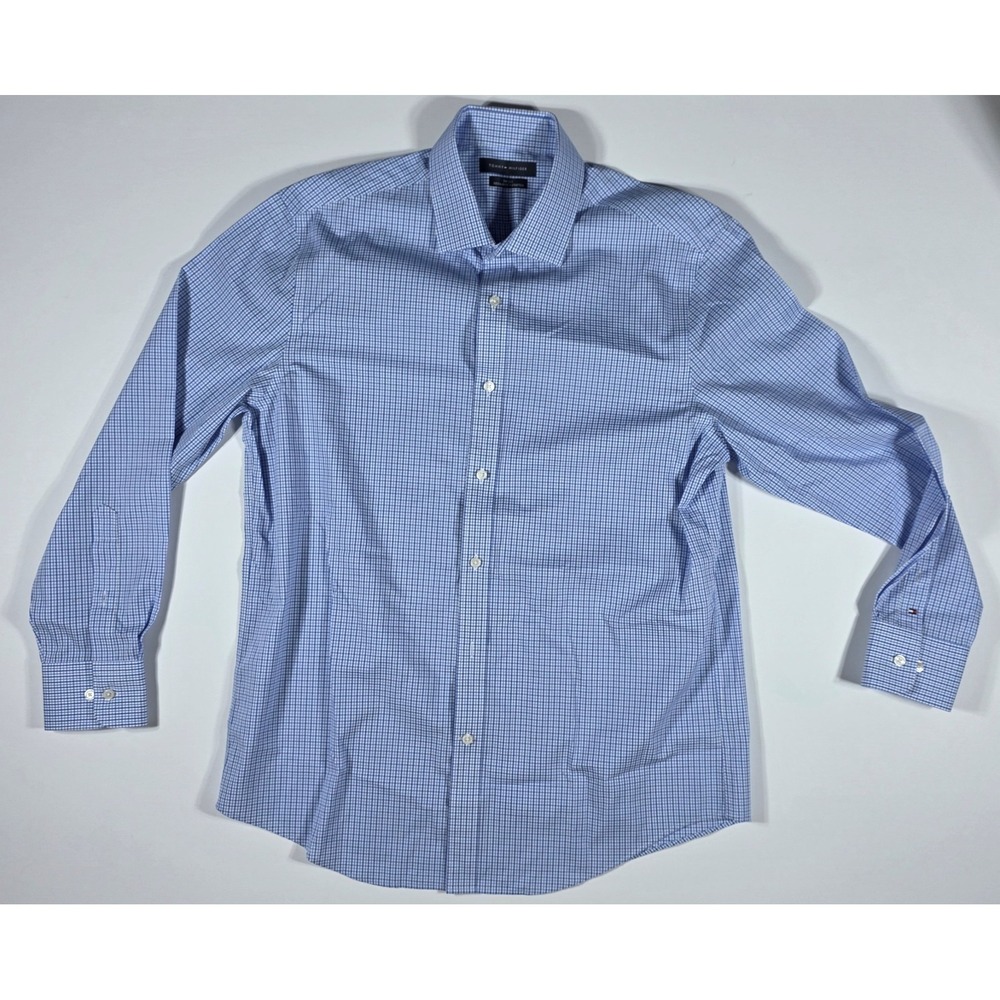 Tommy Hilfiger TH Flex Regular Fit Blue Gingham Stretch Dress Shirt 16 32/33 L